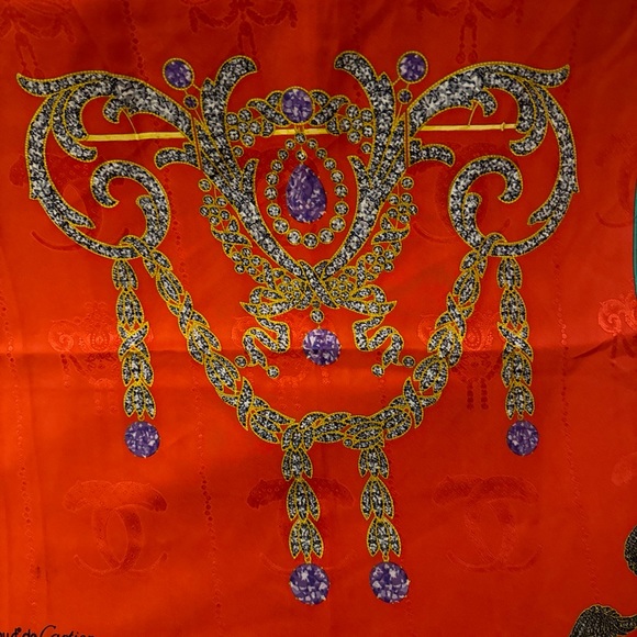 Vintage Red Must De Cartier Silk Scarf 35”x35” Jeweled Pattern - Picture 6 of 6